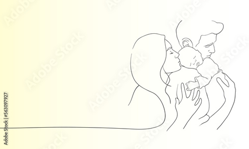 Continuous line drawing of happy family. Father, mother and his daughter on yellow background. Happy young parents hugging his little daughter. Outline vector illustration