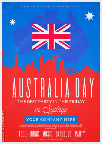 Australia Day Club Event Party Poster in Vector with flag and city on background