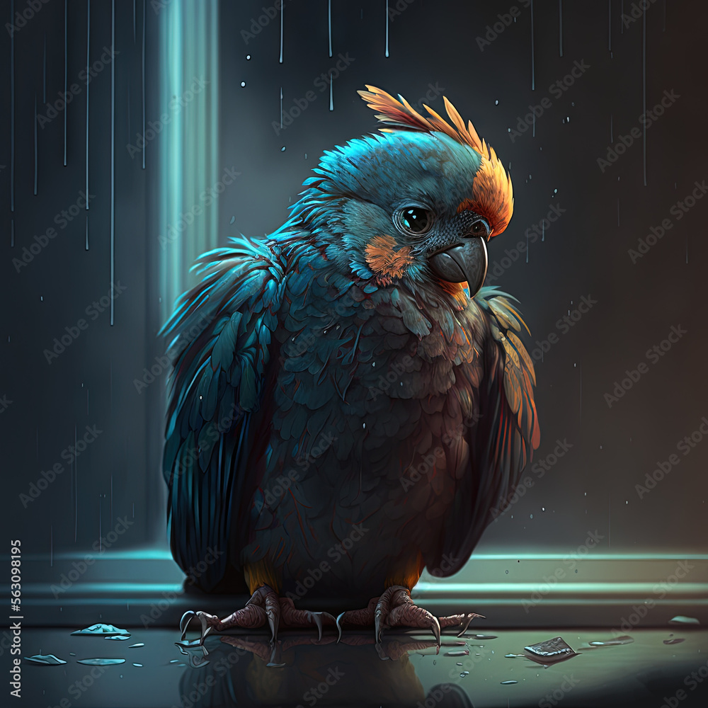 a bird sitting on a wet floor in the rain with its head turned to the ...