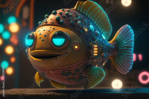 Presentation of luminous fish floating in the air with neon lights in the background, Pixar style, Digital art. © BRAYAN