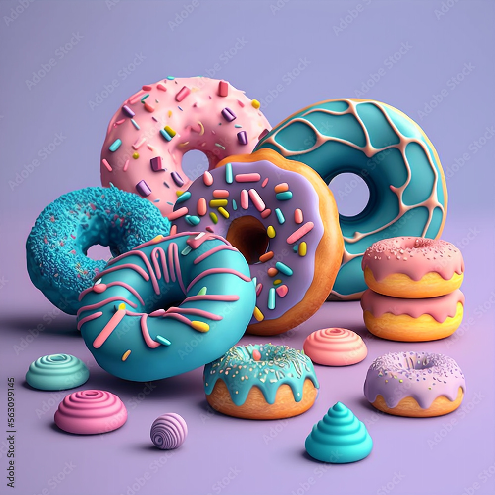 Generative AI illustration of different kind of donuts, shepes and colors, pastel pattern a light colors, luxurious food concept theme
