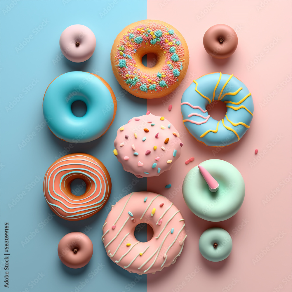 Generative AI illustration of different kind of donuts, shepes and colors, pastel pattern a light colors, luxurious food concept theme Generative AI illustration of different kind of donuts, shepes and colors, pastel pattern a light colors, luxurious food concept theme