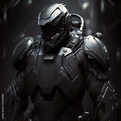 Matt black cyborg suit standing digital art