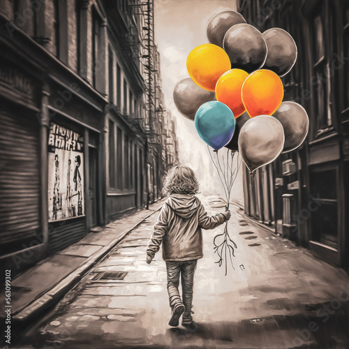 The illustration of a little kid walking alone in a narrow street and holding orange and blue balloons.