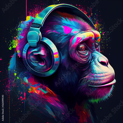 Fotografia, Obraz Ape wearing headphones. AI generative..