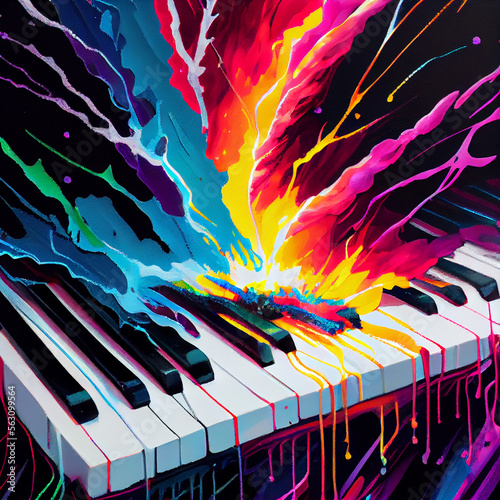 Close-up surreal piano with dripping colors. AI generative.