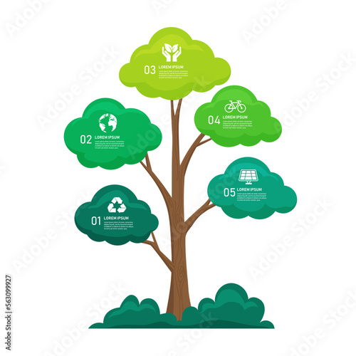 green tree infographic with icon ecology. environment and sustainable development. can be used for process, presentations, layout, banner,infographic. plant leaf sign organic. save world concept.
