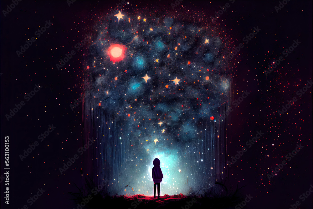 Child watching stars, dreamy, night - By Generative AI