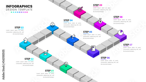 Infographic template. Isometric path with squares and 9 steps