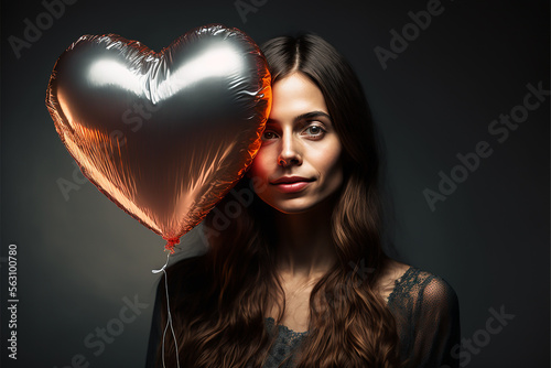 Portrait of a beautiful woman holding a heart balloon, love concept