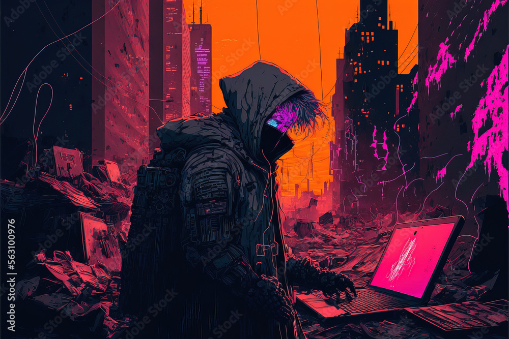 Obraz premium Hacker anime with laptop cyberpunk style. Generative AI