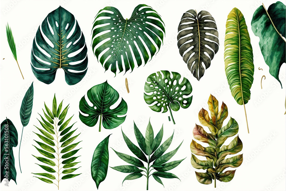 Fototapeta premium Tropical leaves and tropical plants set on white