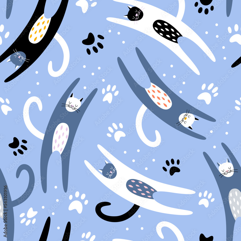 Cute colorful hand drawn cats with paws shape on blue background. Seamless vector cute pattern with pet animal. Print for nursery Cute colorful hand drawn cats with paws shape on blue background. Seamless vector cute pattern with pet animal. Print for nursery