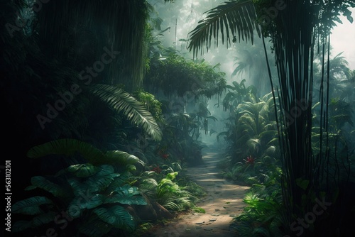 lush tropical forest jungle with sun shining through the trees. path in the forest jungle woods.  © ana
