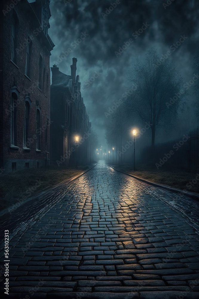 misty night stone road. Brick road at night. Fantasy horror night medieval street.