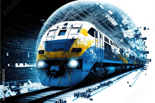 Global train business transport , blue and yellow futuristic internet conexions digital world. Generative AI photo