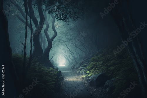 dark misty forest path. forest road.