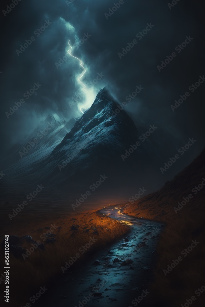 Fototapeta premium night storm path in the mountains. Lightning stormy sky.