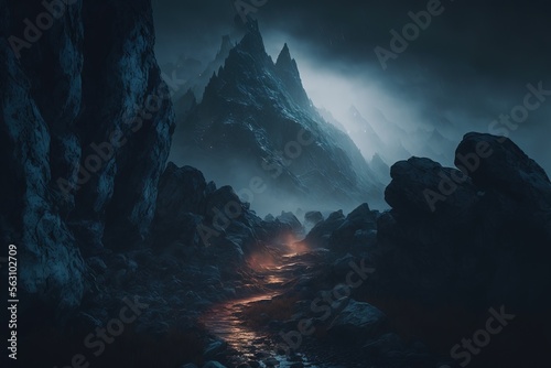 medieval fantasy barren mountains with a spooky path. Cliff path.