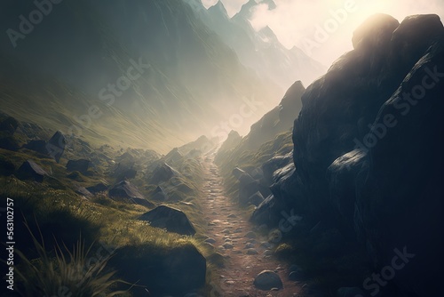 morning mist on the mountains. stones and rocks with a central small road. Small cliff path. 