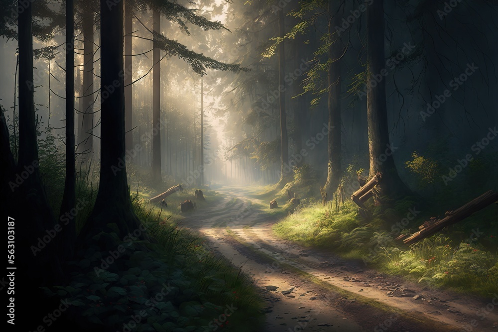 Fototapeta premium path in a early morning dew forest. sun shining through the tall trees. road in the forest. fantasy woods.