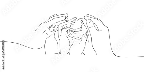 Continuous line drawing of happy family hands together. Happy young parents hugging his little daughter. Outline vector illustration