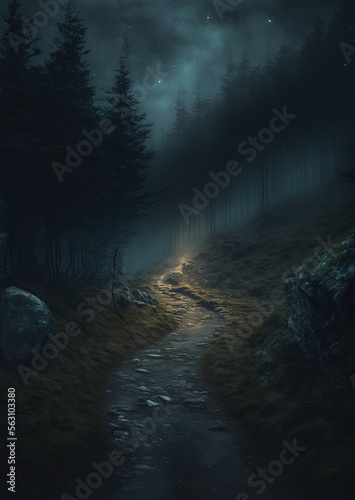 night path in a dry grass mountain landscape. night trees in the forest. horror road in a rural grassland. 