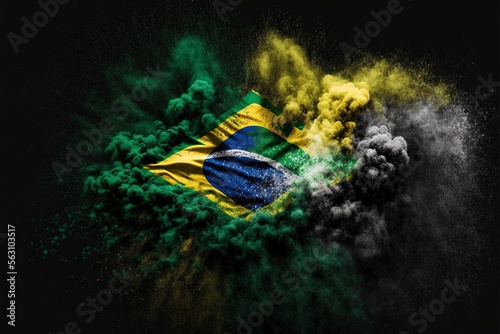 illustration of Flag of Brazil, fine dust exploding on a black background, Generative AI