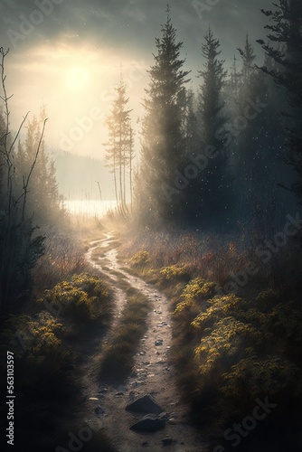 early morning misty landscape path with trees on both sides.