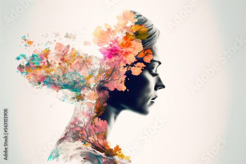side profile of a beautiful woman spring flowing flowers, generative ai