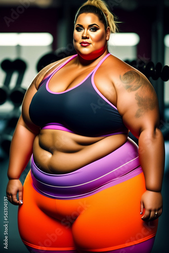 African overweight woman in active wear posing in sport club. Generative AI image
