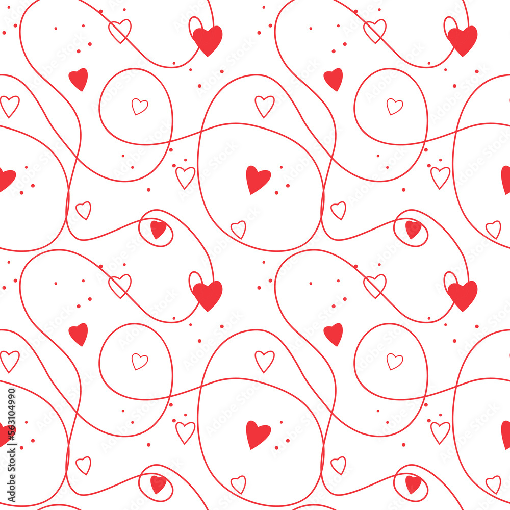 Seamless pattern of hearts for valentine's day and February 14th. Holiday decorations. Decor for printing gift paper, postcards. Pink and red cute hearts for gift for girls and women. Valentine's Day