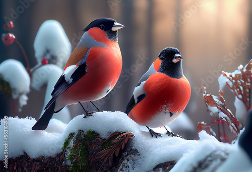 bullfinches in snow winter forest. Illustration Generative AI © olegganko