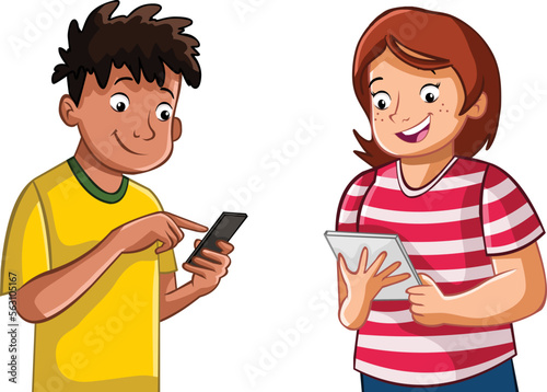 Cartoon teenagers using smart phone and tablet. 

