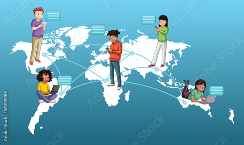 Connected teens with smart phone and computer over earth globe. Friends using social network.

