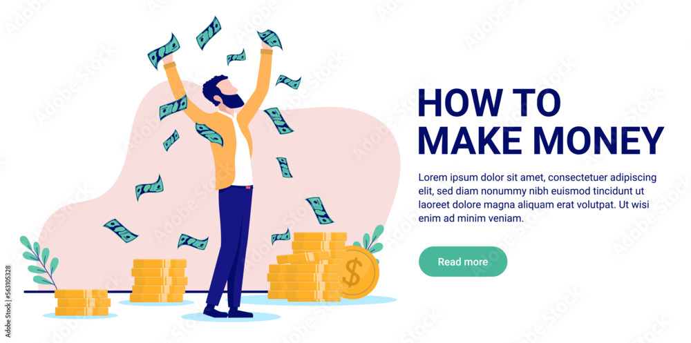 How to make money banner - Flat design vector illustration of rich man throwing paper bills in air and making lots of cash. White background