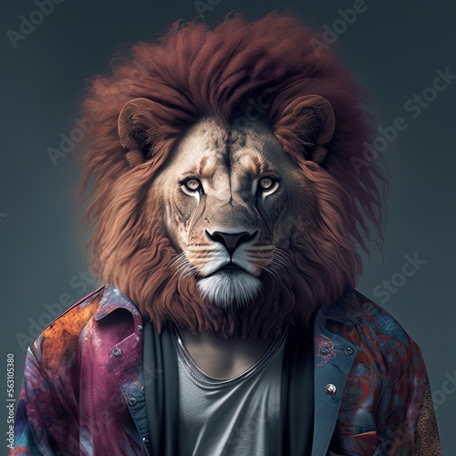 Lion wearing a Y2K outfit design aesthetic illustration made with Generative AI