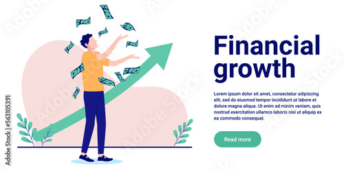 Financial growth - Person standing in front of green arrow pointing up, throwing money in air and having success. Flat design vector illustration with white background and copy space for text