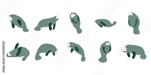 Manatees. Scandinavian style under sea. Save the manatee concept. Character design. Vector illustrations isolated on white background.