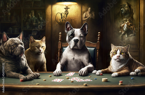 Dogs playing poker with the cat.AI generated illustration.  © Czintos Ödön