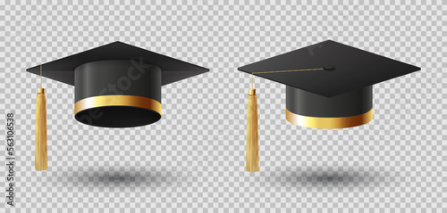 Realistic graduation cap or mortar board. Graduation university or college black cap isolated on checkered background. Vector illustration with element for degree ceremony design.