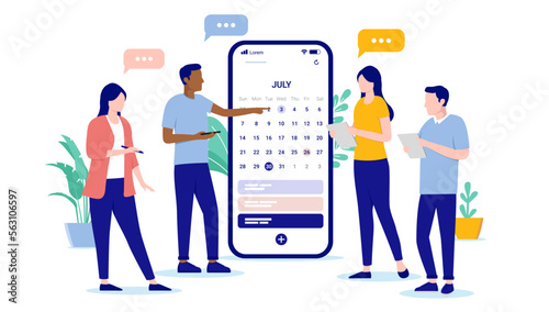 Team planning - Office people looking at calendar on phone screen making plans and schedule for business and project. Flat design vector illustration with white background