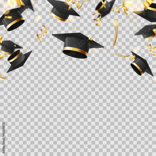 Template for decorative design of graduation. 3d falling graduation caps, golden confetti and serpentine on checkered background. Vector illustration for decoration social media, banners, posters.