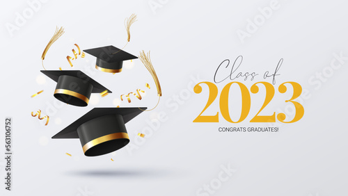 Banner for design of graduation 2023. Graduation caps, golden confetti and serpentine. Congratulations graduates of 2023. Vector illustration for decoration of degree ceremony in social media. photo