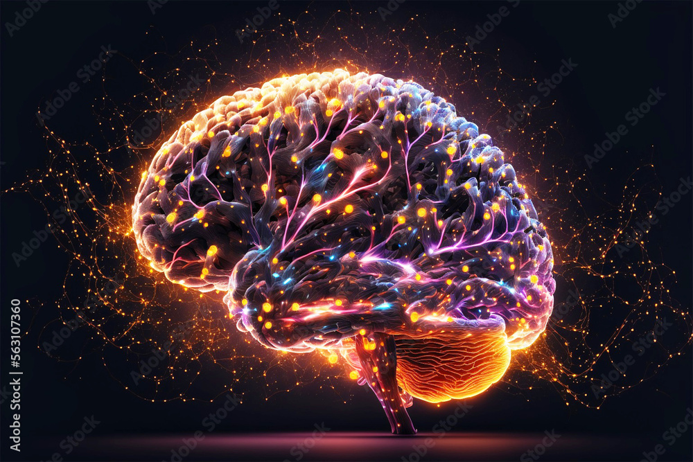 human brain model, glowing brain background with neural links network ...