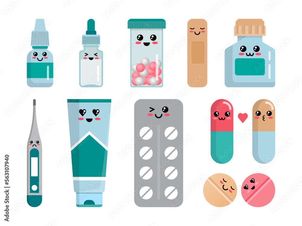Medicine pills set, antibiotics and drug funny characters. Pharmacy mascot, medical tablets, vitamins in capsule, aspirin in container and blisters. Vector cartoon flat current illustration Medicine pills set, antibiotics and drug funny characters. Pharmacy mascot, medical tablets, vitamins in capsule, aspirin in container and blisters. Vector cartoon flat current illustration