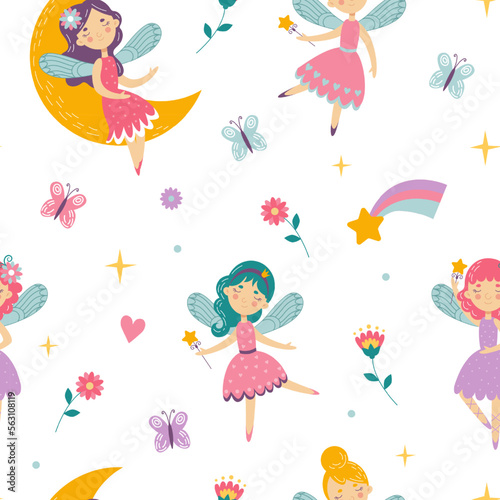 Fairy princess pattern, cute girls dancing. Doll child and flowers, childish baby fabric with magic rainbow and moon, sweet heart. Wrapping design. Vector seamless tidy illustration