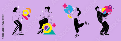 Abstract people characters  different geometric shapes. Art person community  people hold figures  happy and cute creative men and women. Positive teamwork. Vector doodle tidy concept