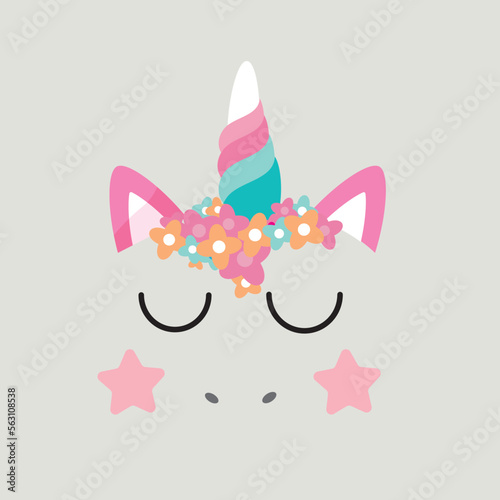 Vector flat pink unicorn face icon with flowers and eyes icon.