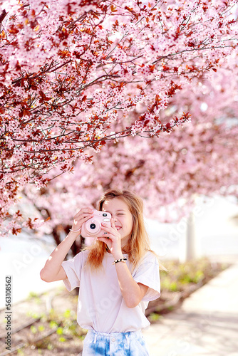 Beautiful with blooming Sakura tree and sunny day